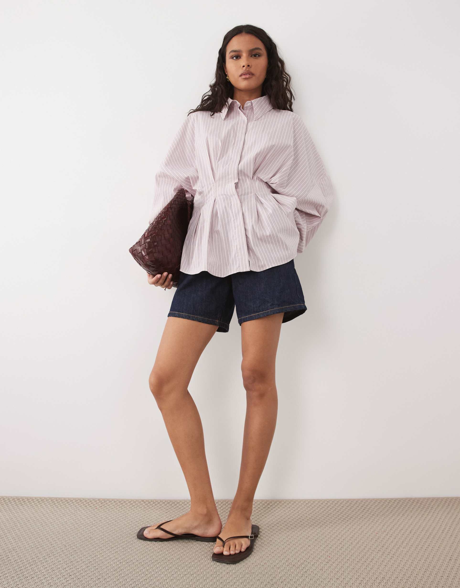 asos design pleated waist shirt in pink stripe