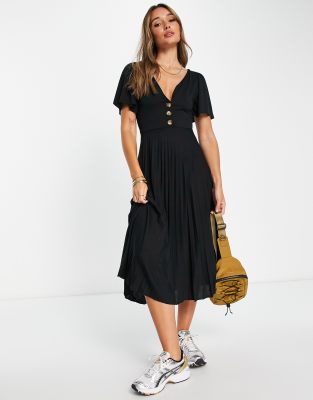 Asos Design Pleated Waisted Midi Tea Dress With Buttons In Black