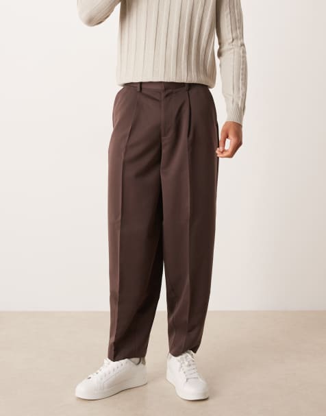 ASOS DESIGN pleated wide barrel leg dress pants in brown - view 1