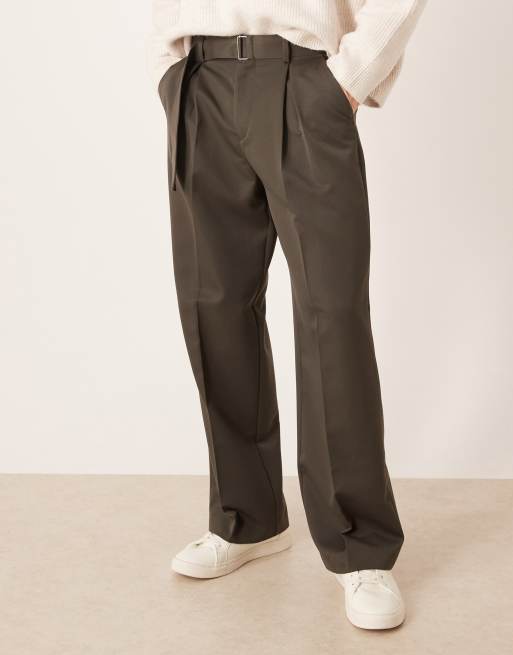 ASOS DESIGN pleated wide leg belted dress pants in charcoal