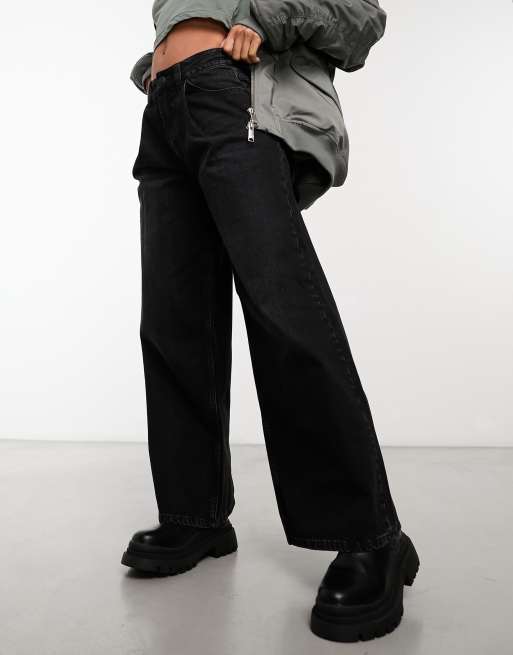 ASOS DESIGN pleated wide leg dad jeans in washed black