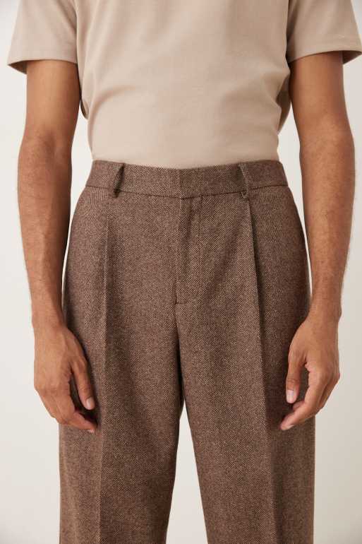 ASOS DESIGN pleated wide leg dress pants in brown wool blend with elastic waist