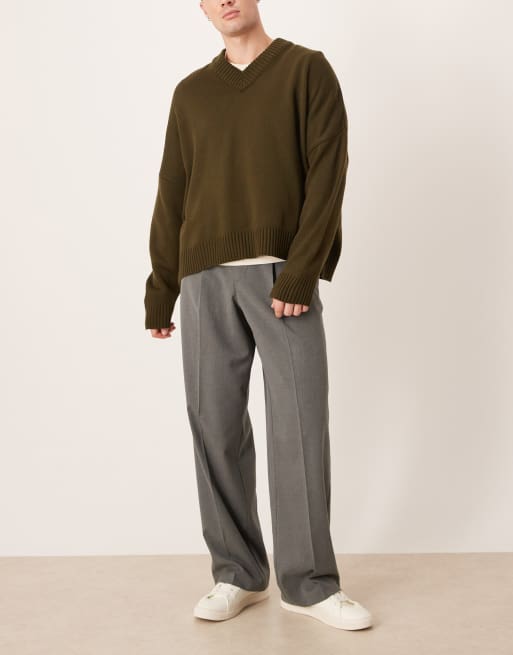 ASOS DESIGN pleated wide leg flannel dress pants in gray