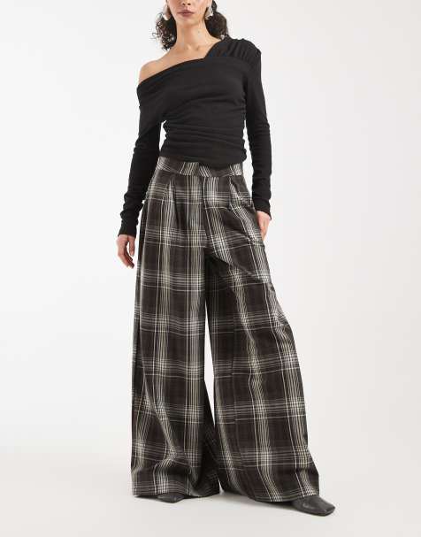 ASOS DESIGN pleated wide leg pants in brown check - view 1