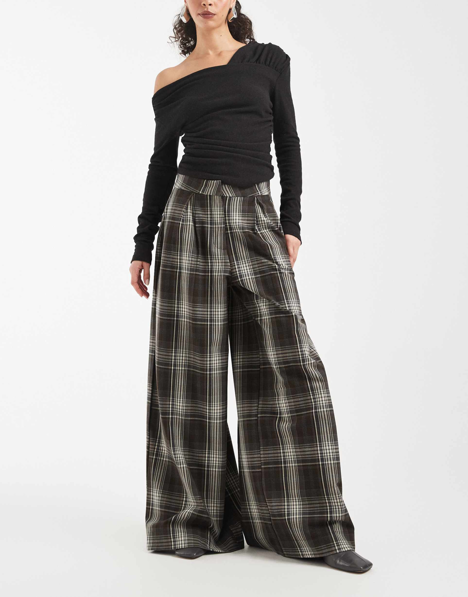 asos design pleated wide leg pants in brown check