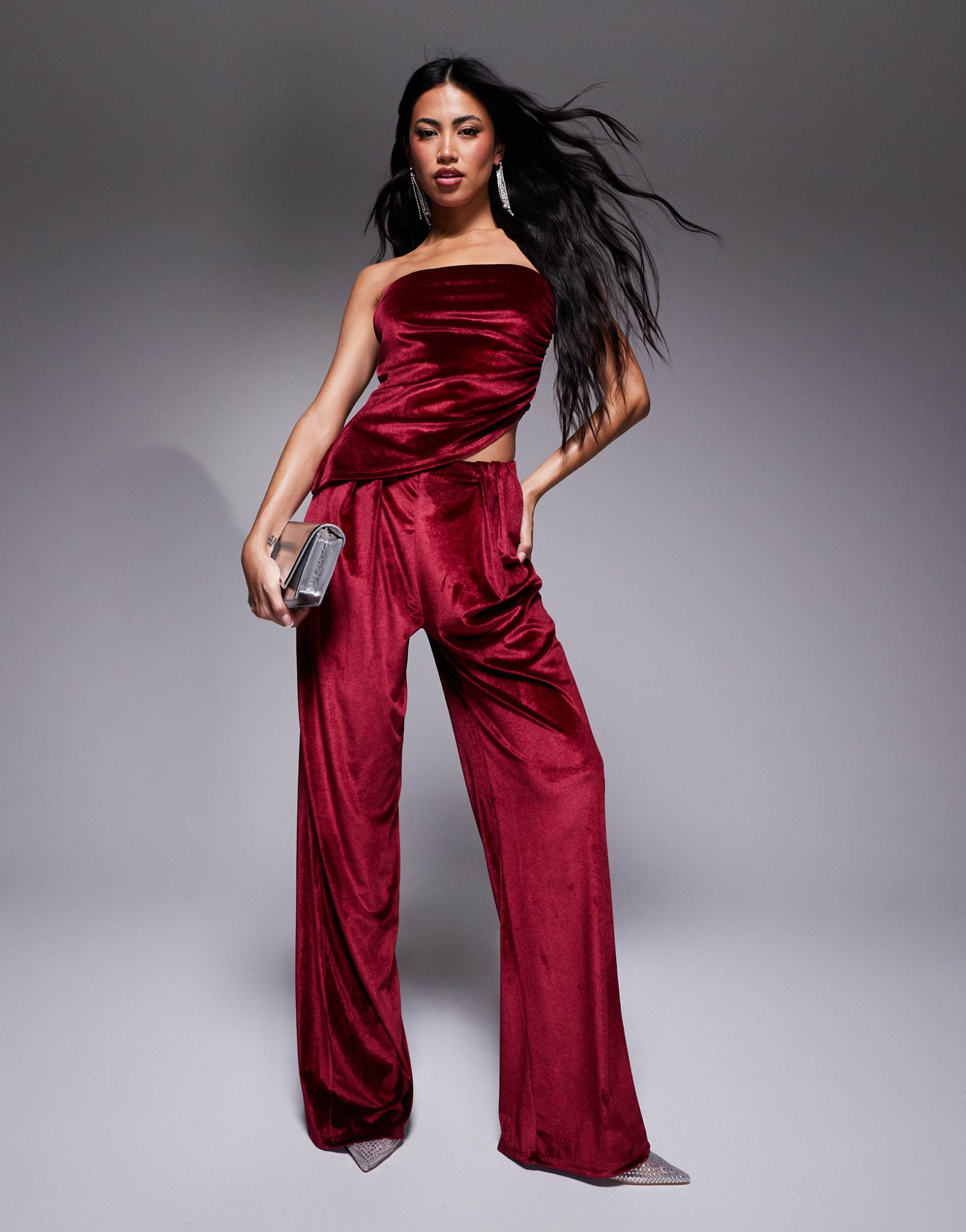 asos design pleated wide leg velvet pants in burgundy - part of a set