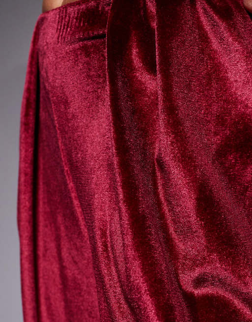 ASOS DESIGN pleated wide leg velvet pants in burgundy - part of a set