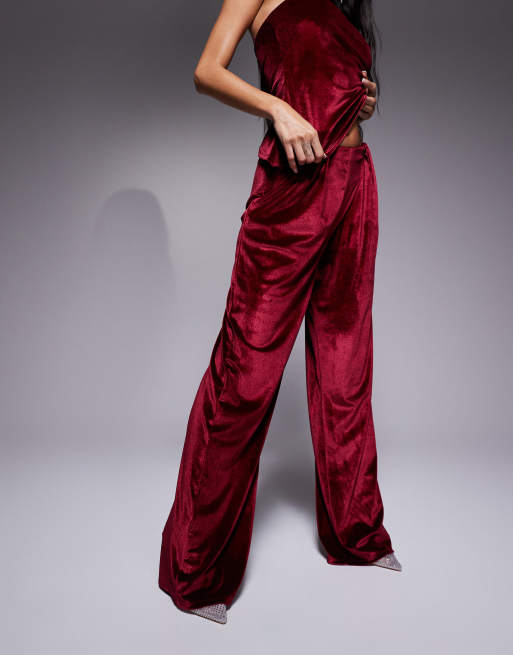 ASOS DESIGN pleated wide leg velvet pants in burgundy - part of a set