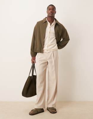 pleated wool blend wide leg dress pants in stone-Neutral