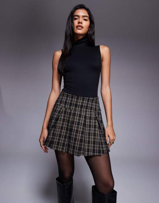 ASOS DESIGN pleated wool look v-seams mini skirt in chocolate plaid print