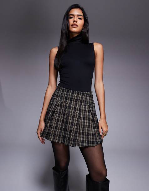 ASOS DESIGN pleated brushed v seam mini skirt in chocolate check print