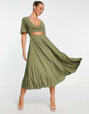Asos Design Pleated Wrap Around Midi Dress In Khaki-Green
