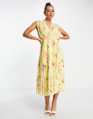 ASOS DESIGN pleated wrap front midi dress in yellow floral-Multi