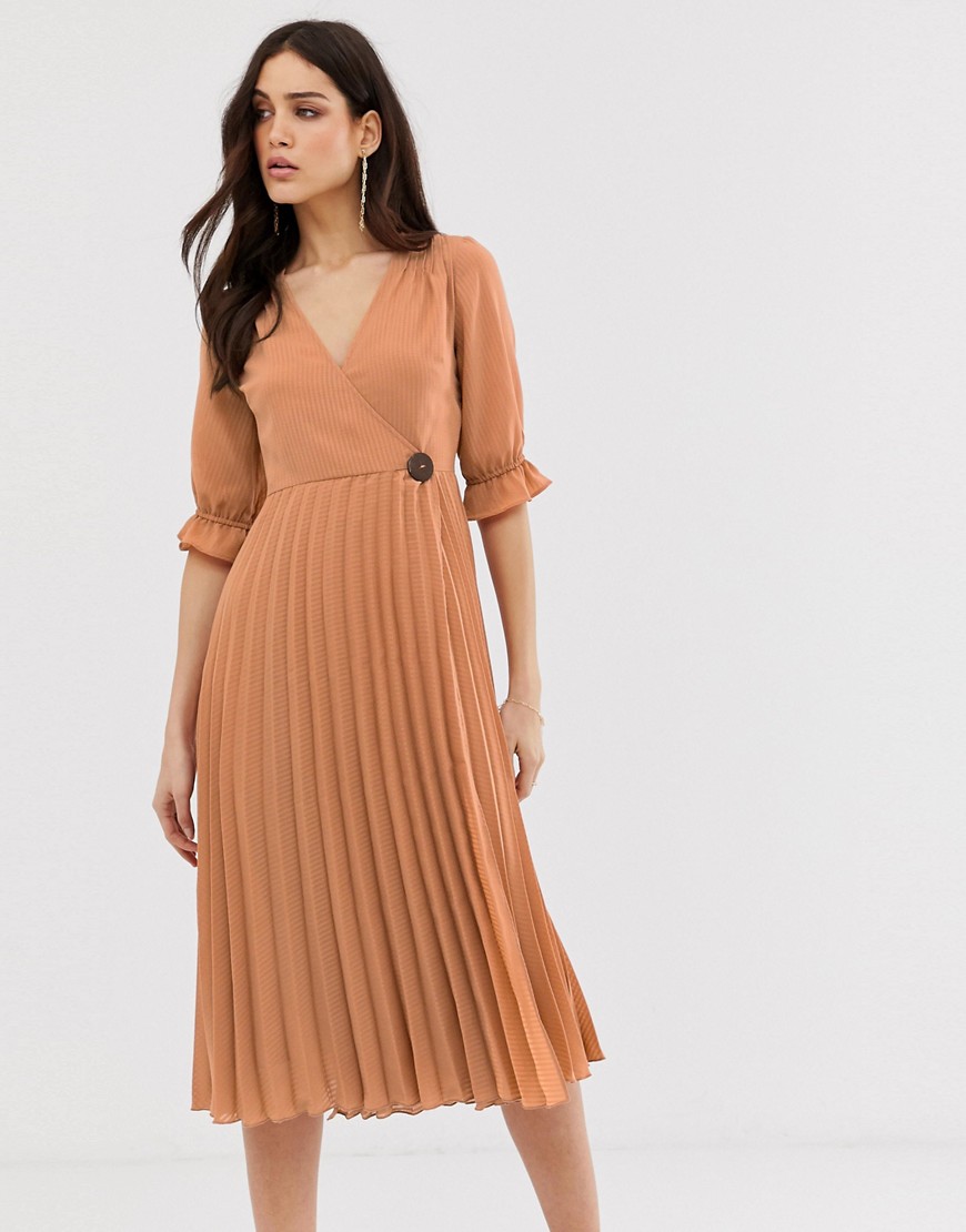ASOS DESIGN pleated wrap midi dress in self stripe with coconut button-Pink