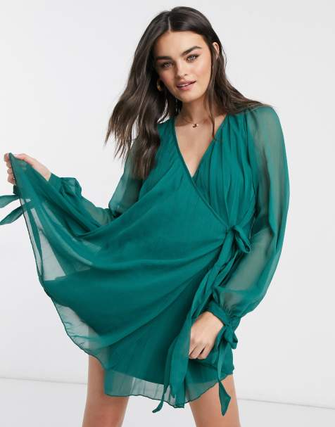 ASOS DESIGN pleated wrap mini dress with long sleeves in forest green - view 1