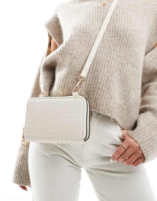 ASOS DESIGN – Pleciona torebka crossbody z dwiema komorami zapinanymi na suwak w kolorze złamanej bieli