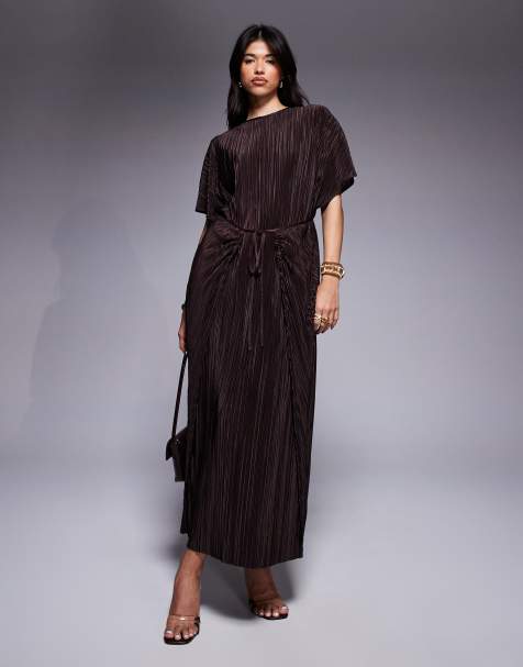 ASOS DESIGN plisse short sleeve wrap tie maxi dress in chocolate