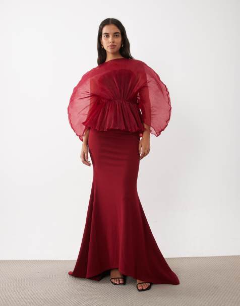 ASOS DESIGN plisowana góra sukienki maxi z kontrastem z elastycznej krepy w kolorze winny - view 1