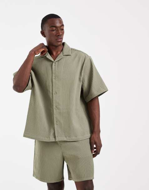 ASOS DESIGN – Plisowana koszula oversize z kołnierzykiem kubańskim w kolorze khaki, część zestawu - view 1