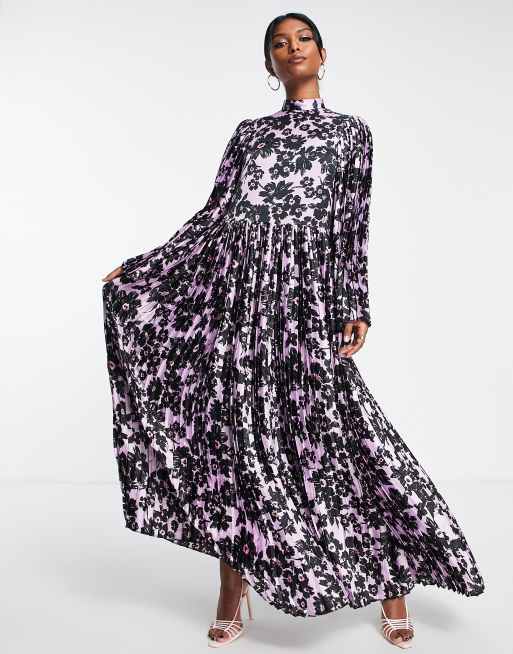 ASOS DESIGN – Plisowana liliowa sukienka maxi ze stójką w kwiatowy wzór