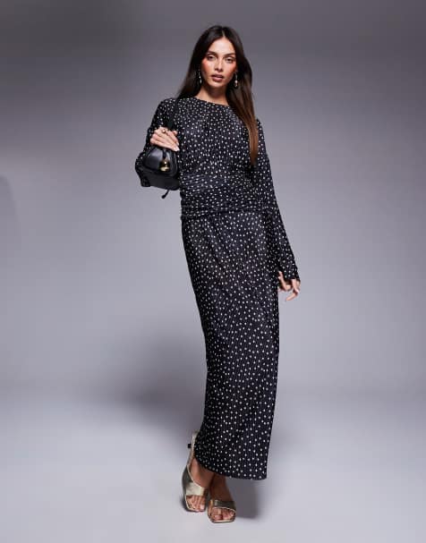 ASOS DESIGN plisse high neck long sleeve wrap waist maxi dress in spot