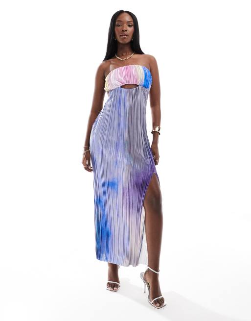 ASOS DESIGN – Plisowana sukienka maxi z dekoltem bandeau w akwarelowy wzór