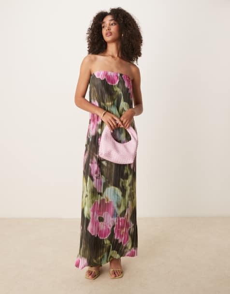 ASOS DESIGN – Plisowana sukienka maxi z dekoltem bandeau w rozmazany kwiatowy wzór - view 1