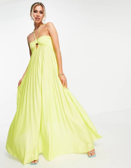 ASOS DESIGN – Plisowana sukienka maxi z dekoltem halter, w limonkowym kolorze