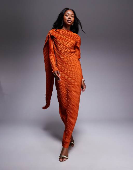 ASOS DESIGN – Plisowana sukienka maxi z długim rękawem i drapowaniem w zgaszonym pomarańczowym kolorze