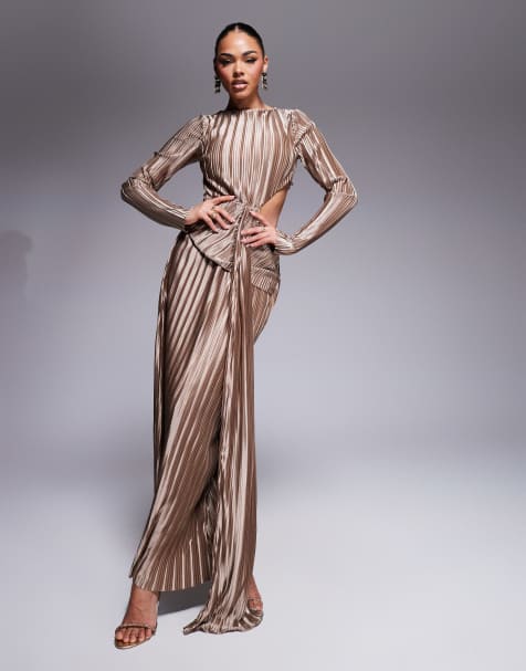 ASOS DESIGN long sleeve plisse maxi dress with tie waist detail in mocha