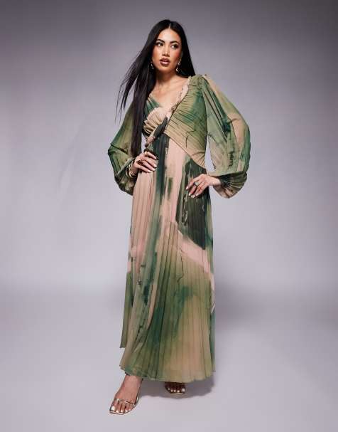 ASOS DESIGN twist detail wrap front pleated maxi dress in green watecolour print