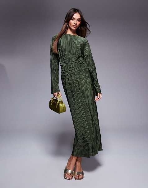 ASOS DESIGN plisse high neck long sleeve wrap waist maxi dress in khaki