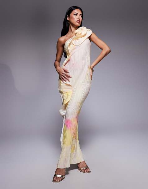 ASOS DESIGN one shoulder plisse with curly fallen swirl trim plisse midi dress in print