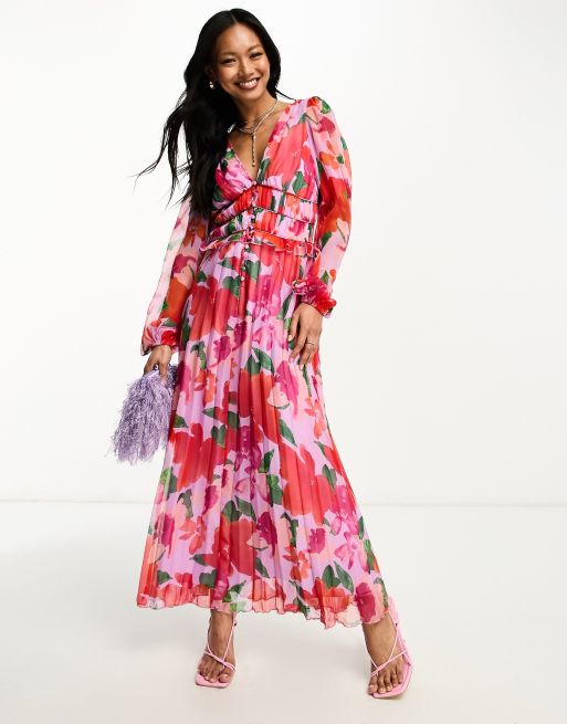 ASOS DESIGN – Plisowana sukienka midi w kwiatowy wzór z marszczoną talią i zapięciem na guziki