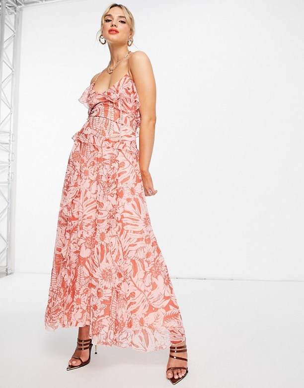 ASOS DESIGN – Plisowana sukienka midi w kwiaty z ramiączkami skrzyżowanymi na plecach i falbankami Pink/red floral Autentyczny 
