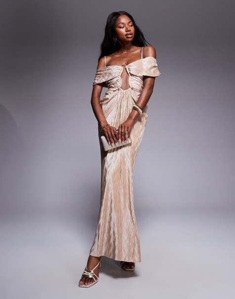 ASOS DESIGN deep plunge with gold trim plisse midi dress in oyster 