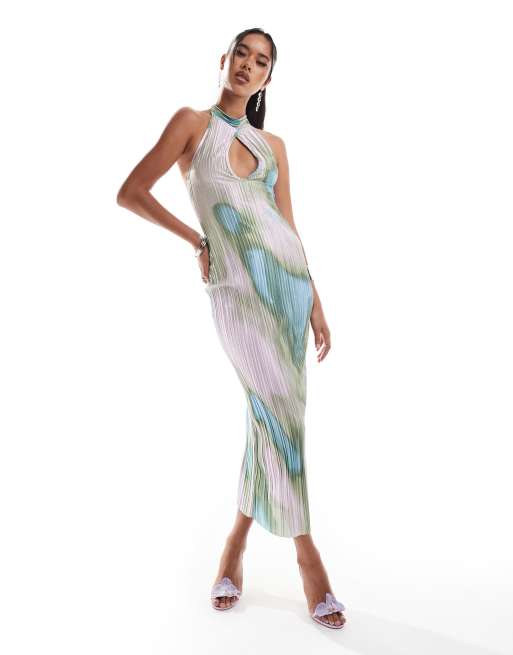 ASOS DESIGN – Plisowana sukienka midi z łezką i skręconym dekoltem w abstrakcyjny wzór