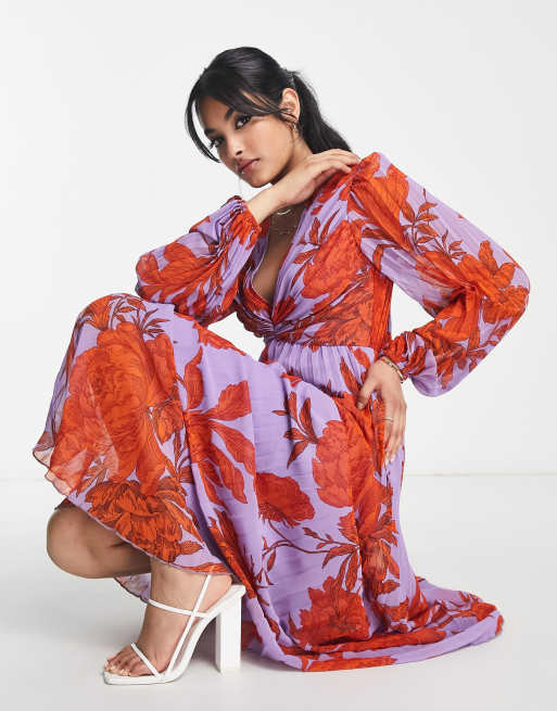 ASOS DESIGN – Plisowana sukienka midi z głębokim dekoltem w kwiatowy wzór