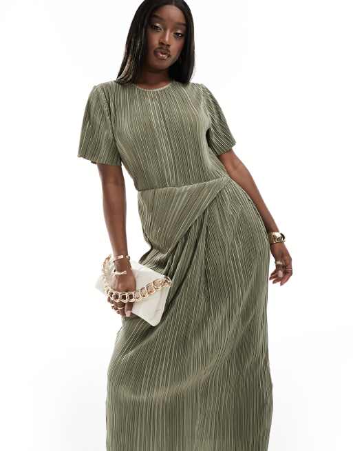 ASOS DESIGN – Plisowana sukienka midi z krótkim rękawem i skręconą wstawką na spódnicy w kolorze khaki