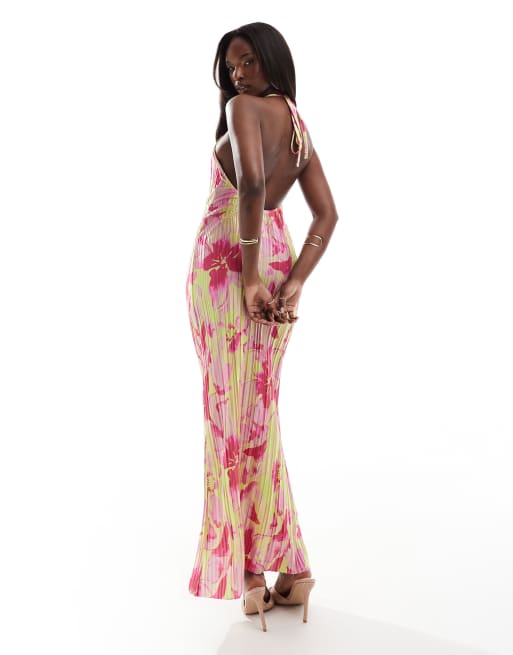 ASOS DESIGN – Plisowana sukienka z dekoltem typu halter w duży kwiatowy wzór
