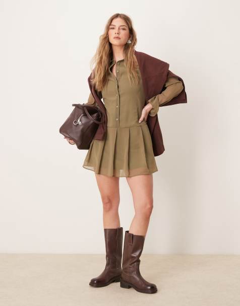 ASOS DESIGN pleated shirt mini dress in khaki