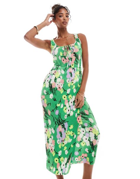 ASOS DESIGN wrap front plisse midi dress with ties in green floral print
