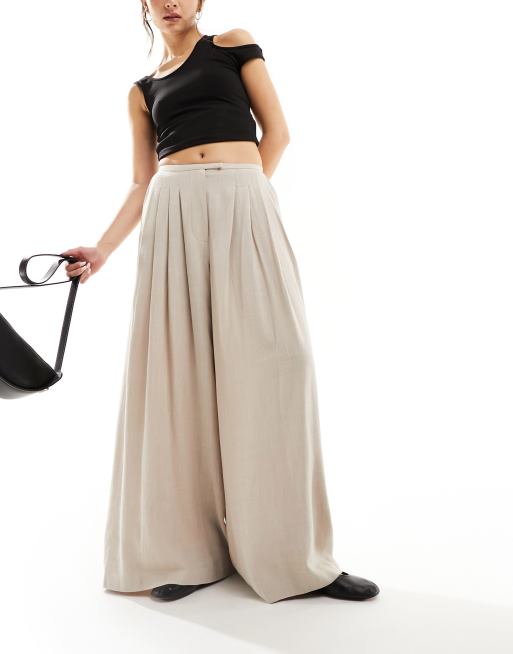 ASOS DESIGN – Plisowane kremowe spodnie palazzo z szerokimi nogawkami z domieszką lnu