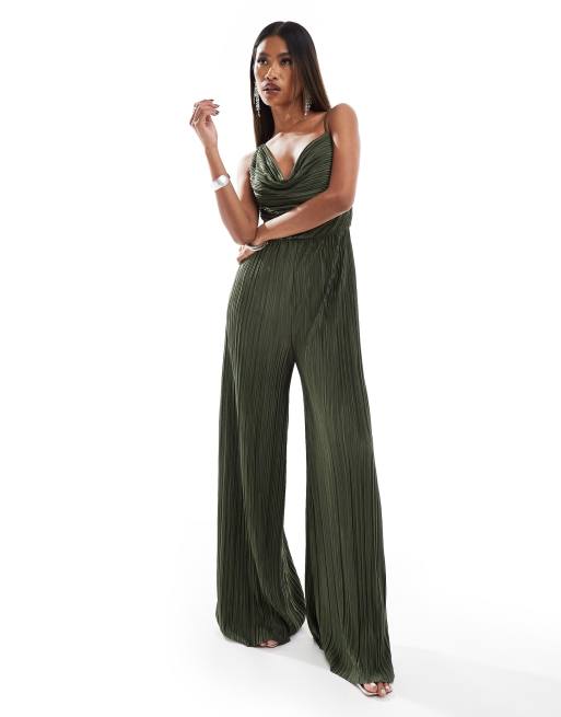 ASOS DESIGN – Plisowany, asymetryczny kombinezon z drapowaniem, w kolorze khaki, 3 z 4