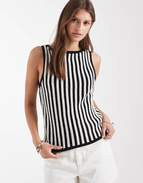 ASOS DESIGN – Plisowany dzianinowy top bez rękawów w czarno-białe paski - view 1