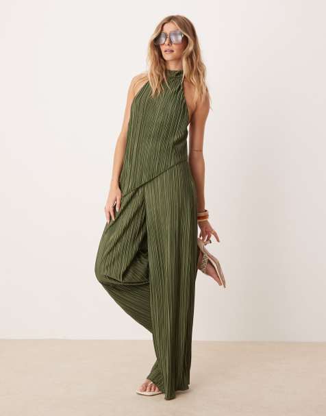 ASOS DESIGN – Plisowany kombinezon z dekoltem typu halter i szerokimi nogawkami w kolorze khaki - view 1