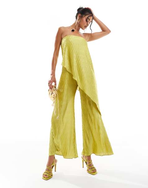 ASOS DESIGN – Plisowany limonkowozielony kombinezon z dekoltem bandeau i szerokimi nogawkami - view 1