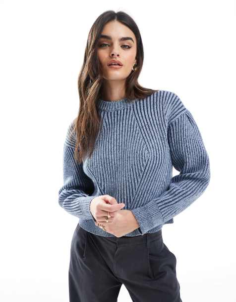 ASOS DESIGN – Plisowany niebieski sweter z okrągłym dekoltem i ozdobnymi rękawami - view 1