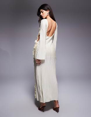 Asos Design Plisse Angel Sleeve Maxi Dress With Flower Trim In White