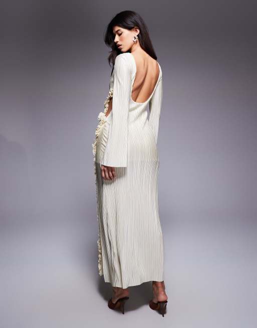 ASOS DESIGN plisse angel sleeve maxi dress with flower trim in cream